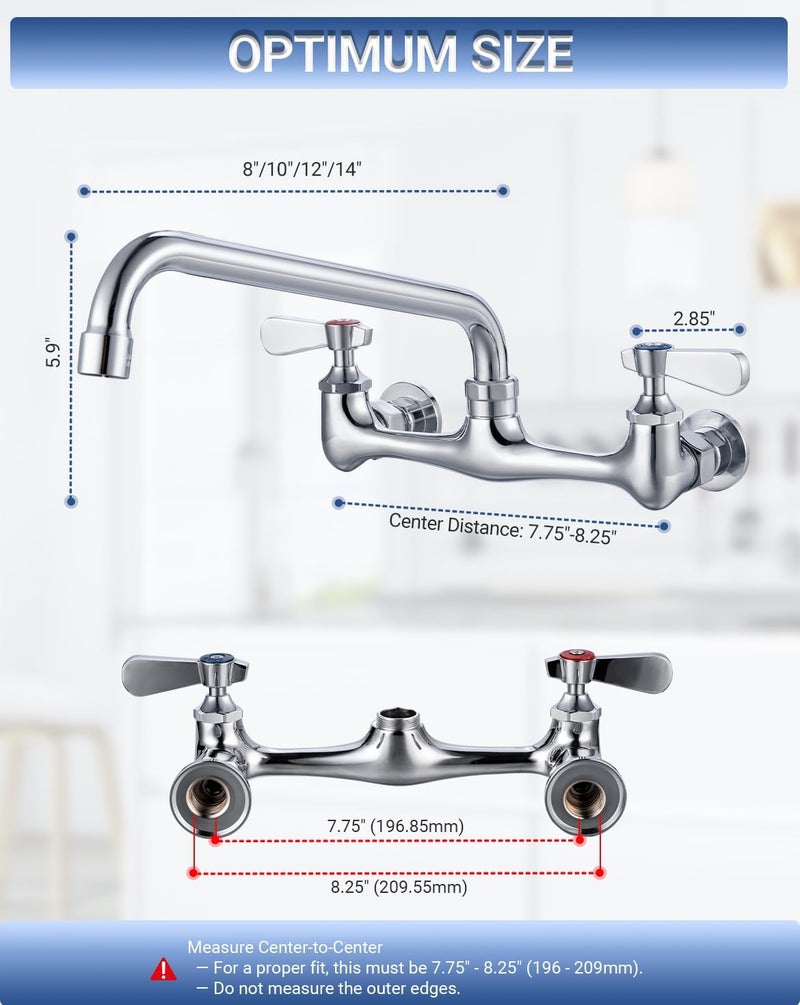 Phivan 8 Inch Center Wall Mount Commercial Sink Faucet - 10" Swivel Spout Dual Handle Chrome Brass Commercial Faucet for Restaurant/Laundry/Utility Room Kitchen Sinks, Includes 90 Degree Adapters - Image 3